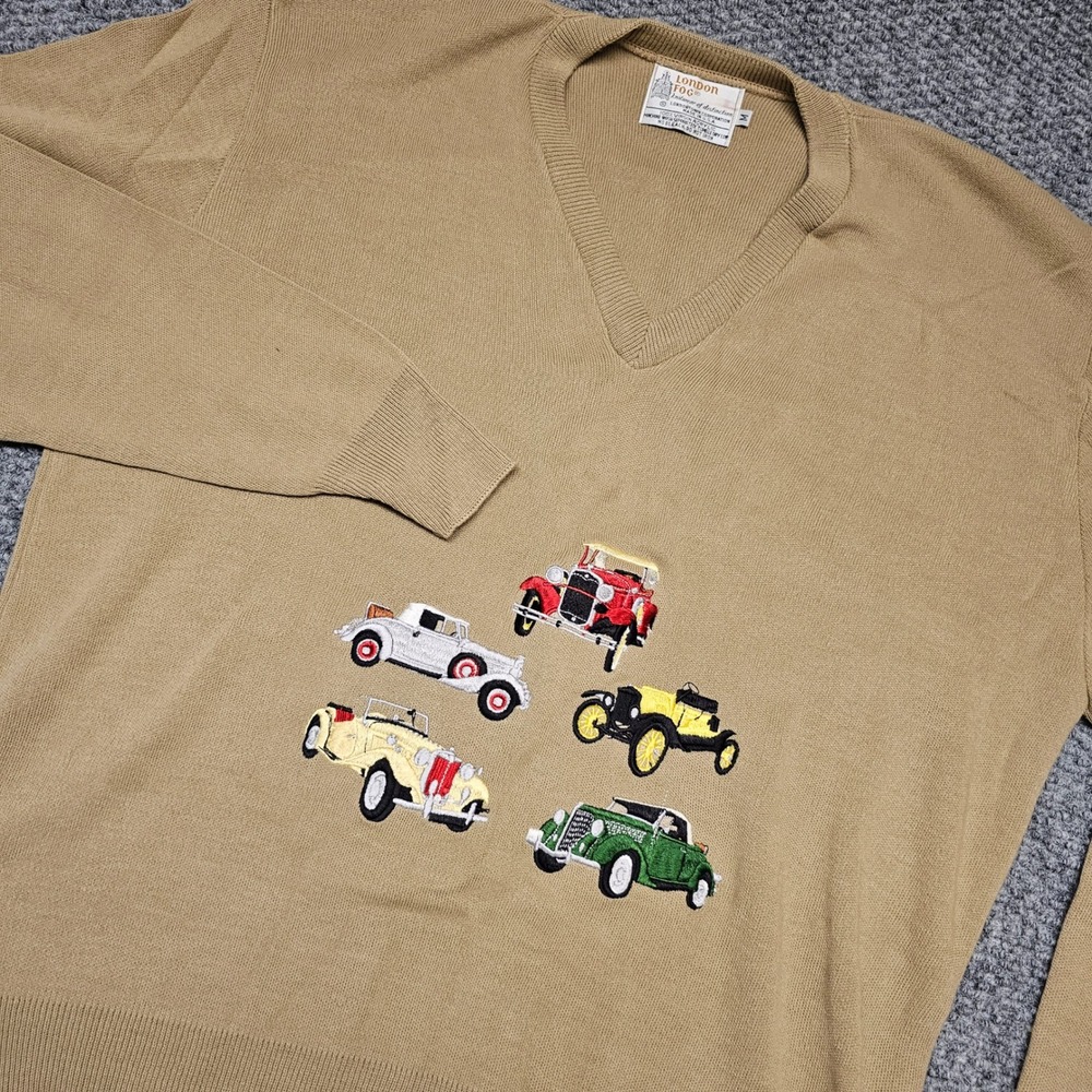 London Fog Mens V Neck Sweater Tan Embroidered‎ Vintage Cars Automobile Size M